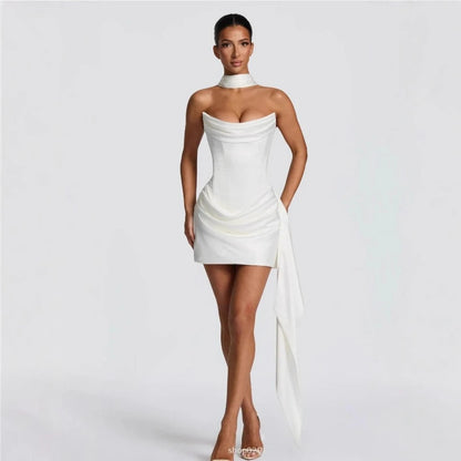 Suninheart Elegant Strapless Corset Dress Sexy White Satin Mini Draped Dress with Scarf Women Cocktail Party Dresses