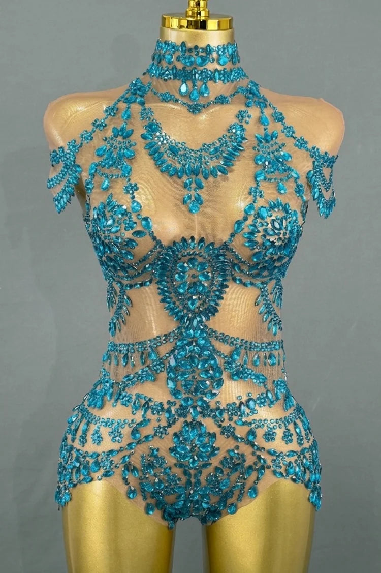 Sparkly Rhinestones Bodysuit for Women Sexy Mesh Transparent Performance Dance Costume Singer Dancer Show Stage Wear