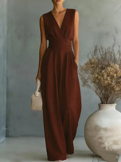 2026  V Neck Women's Jumpsuits Elegant Solid High Waist Rompers Casual Wide Leg Pants Pocket Overalls Vacation Outfit Loose