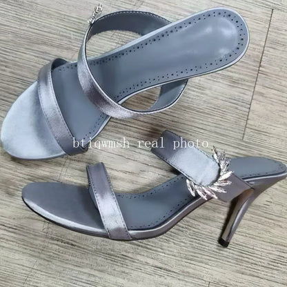 2025 Newest Rhinestone Sandals Woman Open Toe Pink Puple Luxury Satin High Heels Lady Sexy Muller Slippers