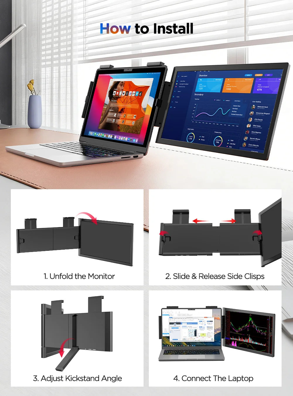 UPERFECT Laptop Screen Extender 14" FHD 1080P IPS Laptop Monitor Extender Dual Screen Portable Monitor for Laptops 13-17"