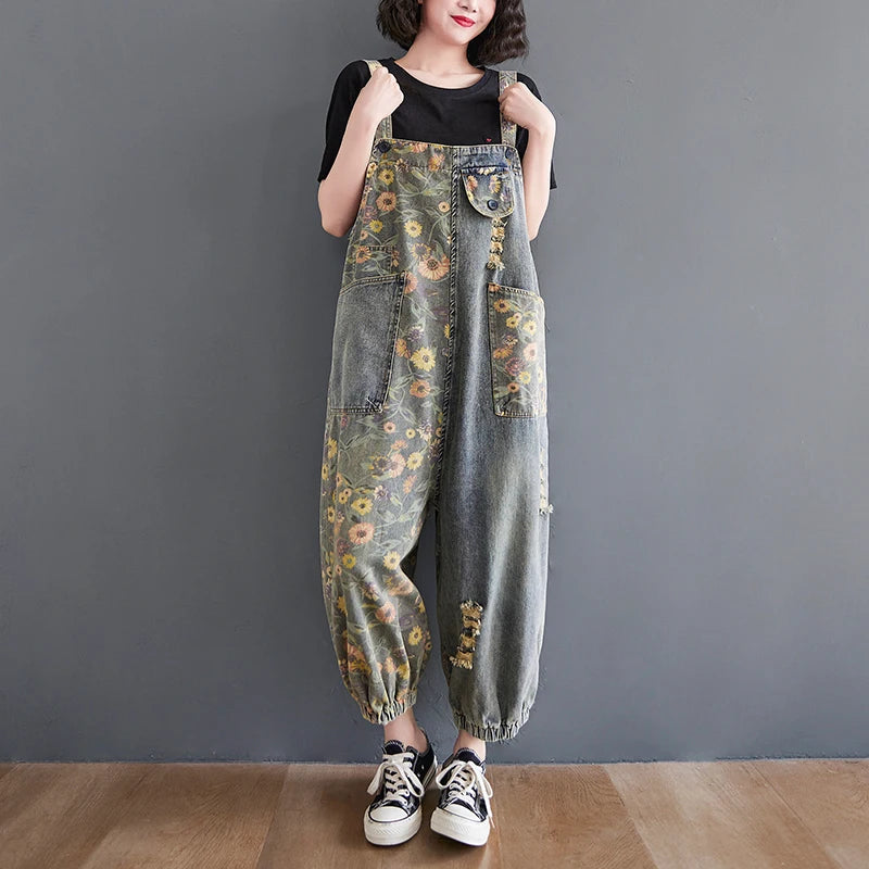 Casual Print Floral Plus Size Denim Jumpsuits Women Loose Wide Leg Straps Baggy Pants Woman Dungarees Streetwear Jeans Overalls