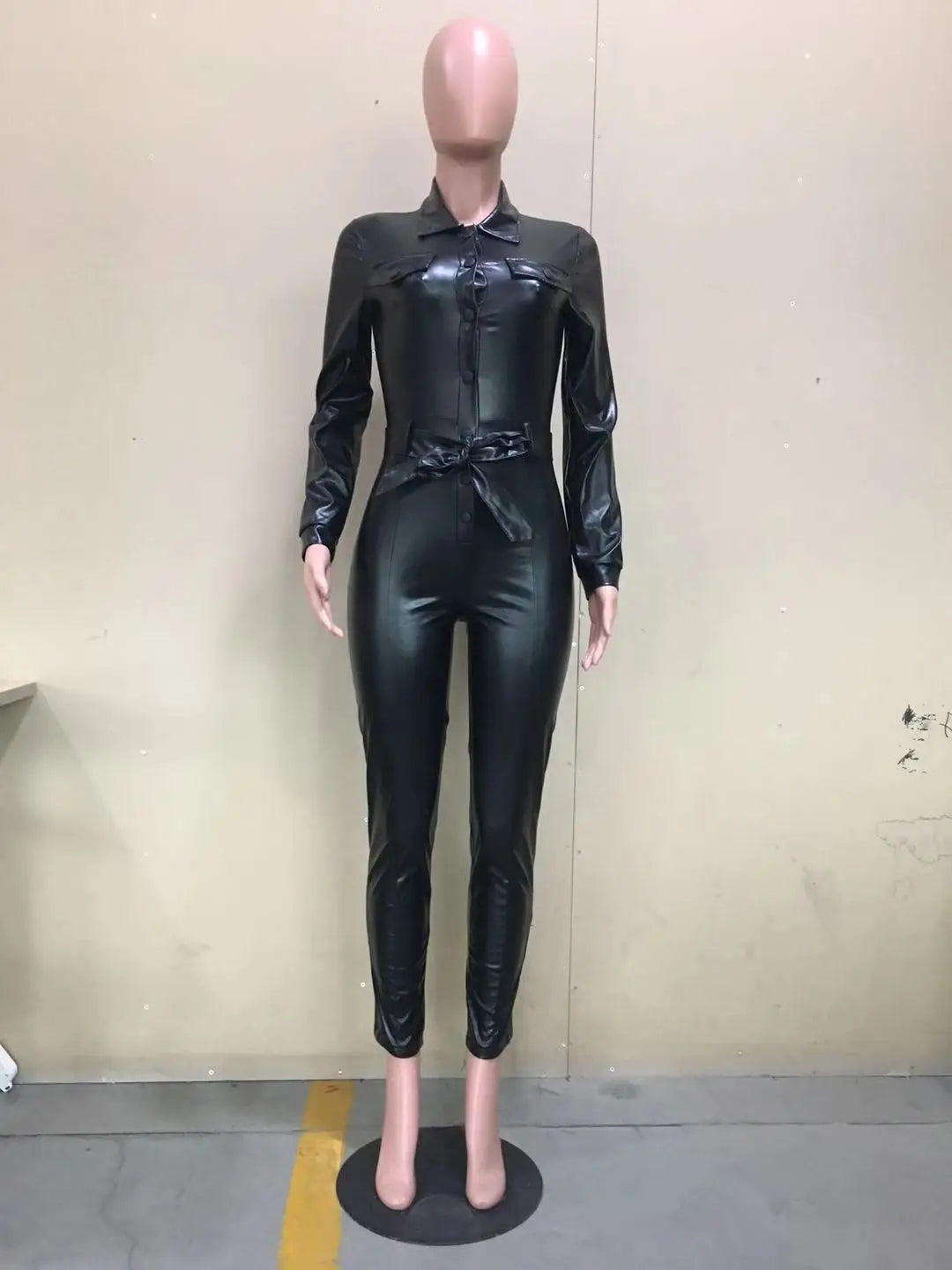 Jumpsuits Women One Piece Sexy Pu Leather Overalls V Neck Bodycon Long Pants Sheath Club Rompers Splice Lace Up High Waist