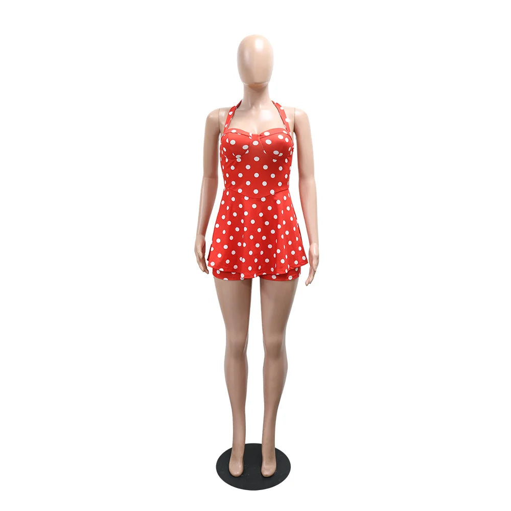 Joskaa Polka Dot Halter Bandage Rompers Women Sexy Low-cut Sleeveless Backless Bodycon Playsuits Y2k Streetwear Holiday Clubwear