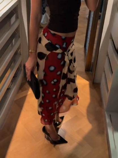 Bohemian Polka Dot Wrap Midi Skirt Women Chic Irregular Hem Layered Chiffon High Waist Skirt Summer Party Vacation Beachwear