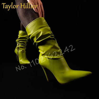 Autumn Avocado Color Pleated Short Boots Pointed Toe Stiletto Side Zipper Mid-Calf Nude Boots Catwalk Party Formal Boots Women