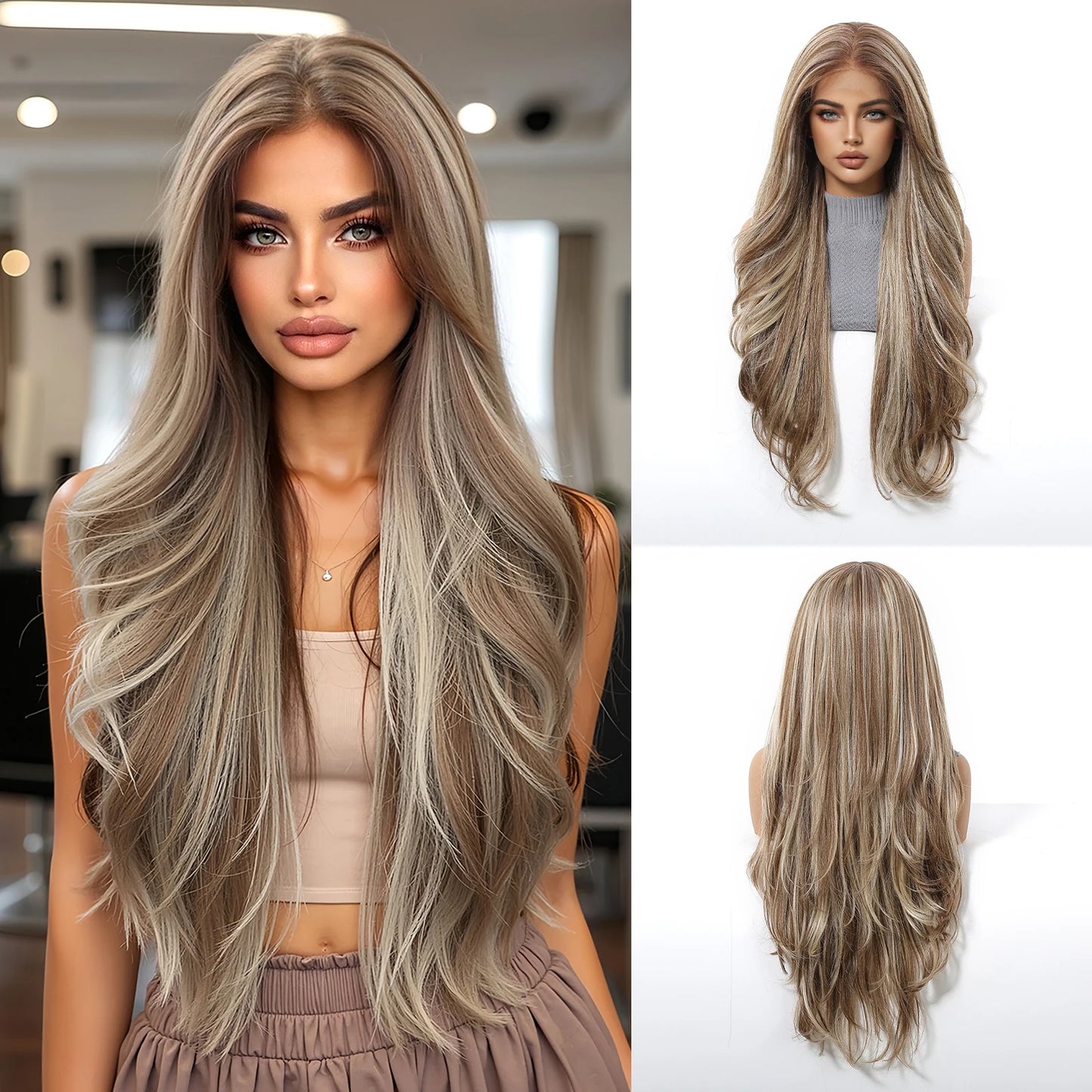 13*6 Lace Front Synthetic Wigs for Black Women Brown Copper 26 Inches Long Wavy Curly Wigs With Baby Hair Natural Hairline Wigs