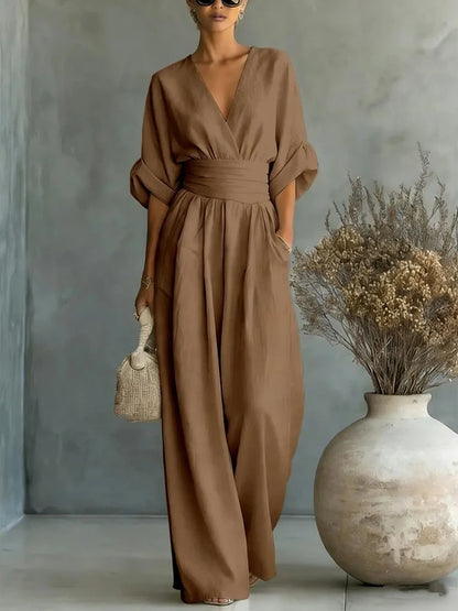 Women Elegant Linen V Neck Short Sleeve Jumpsuit Waist Cinched Wide Leg Long Pants Rompers with Pockets Casual Ladies Overalls