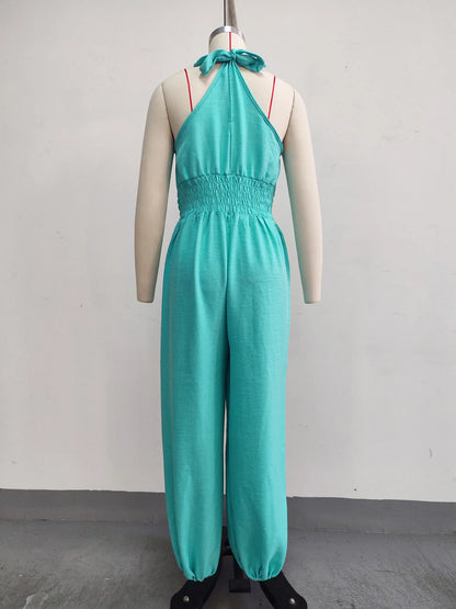 Summer Sexy Halter Sleeveless Pleated Jumpsuit Women Fashion Solid Elastic Waisted Wide Leg Jumpsuit Casual Loose Rompers Street