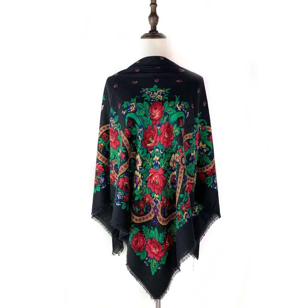130×130cm Women's Shawl Scarves Thin Luxury Russian National Square Scarf Floral Print Breathable Ethnic Shawl Bandana Summer
