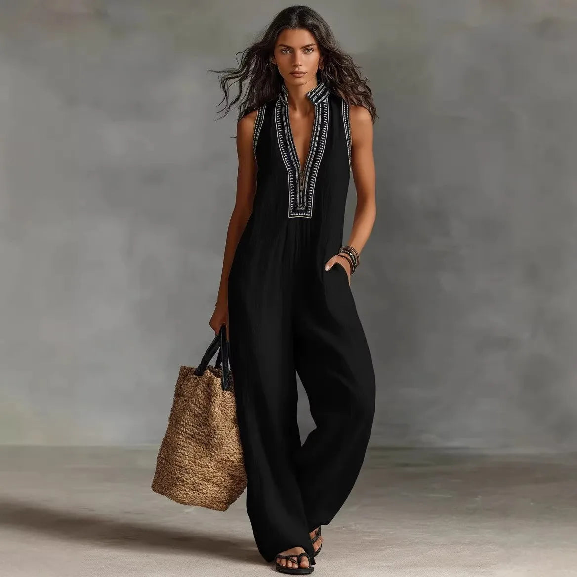 Women Jumpsuit Sleeveless V Neck Wide Leg Romper Linen Blend Loose Fit Cotton Overalls High Waist Pockets Boho Style Jumpsuits