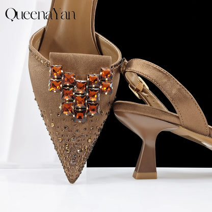 QueenaYan Elegant Navy Blue Handbag and Medium Heel Shoes Set with Beautiful Handmade Metal Decoration for Weddings and Parties