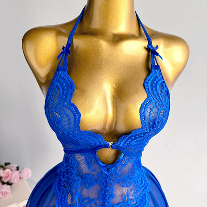 Sexy Crotchless Lingerie Women Lace Hollow Bodysuit Pajamas Teddy Babydolls Deep V Underwear
