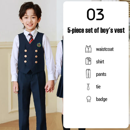 5 Pcs British Style College Kindergarten School Uniform JK Outfits Kid Shirt Pleated Skirt Suit Chorus Performance Costume Dress