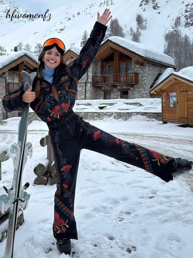 Winter Printed Women Hodded Ski Jumpsuits Full Sleeve Zippers Stand Collar Pocket Snowboard Overalls One Piece Windproof Outfits