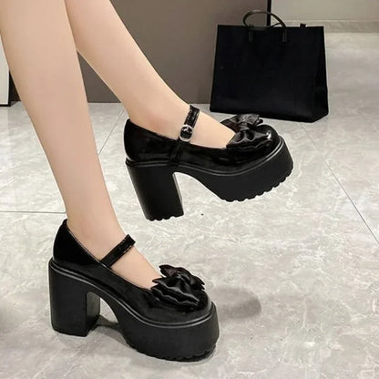 Summer/Autumn Fashion New Solid Color Bow Banquet Elegant Thick-soled Buckle Round-toe Wear-resistant Women's High Heels