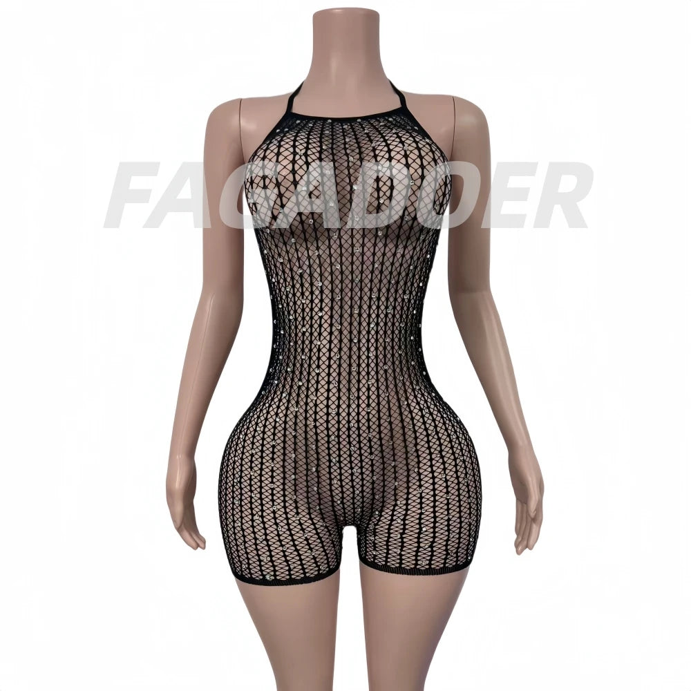 FAGADOER Sexy Hollow-out Rhinestone Patchwork Bodycon Rompers Woman Halter Sleeveless Backless Jumpsuits Female Party Clubwear