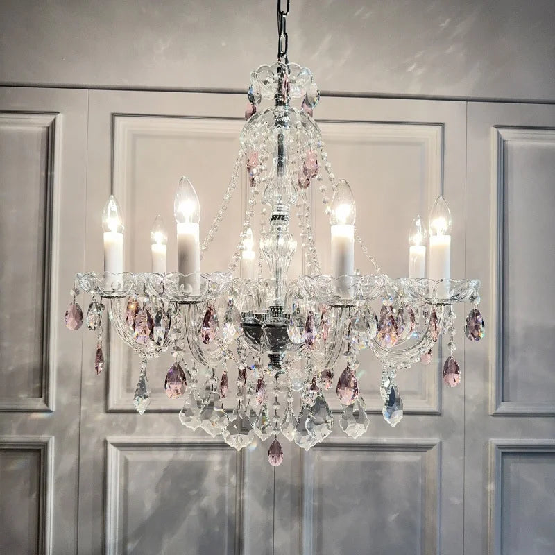 French Romantic Crysatl Candle Chandelier Luxury Glass Pink E14 Pendant Lights Living Room Art Decor Led Lamparas Bedroom Lamp
