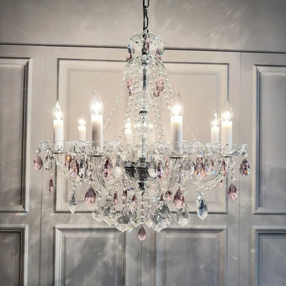 French Romantic Crysatl Candle Chandelier Luxury Glass Pink E14 Pendant Lights Living Room Art Decor Led Lamparas Bedroom Lamp