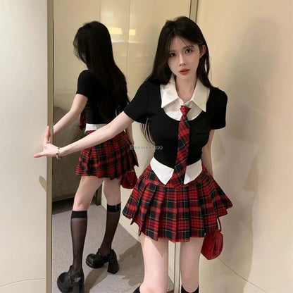 2025 korean style polo collar short-sleeved tops high-waisted jk plaid short skirts 2 piece summer girls  school uniform jk set