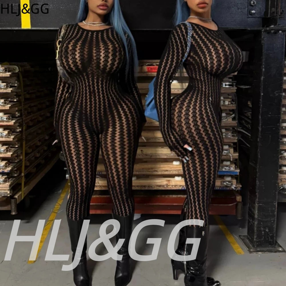 HLJ&GG Sexy Mesh Stretchy See Though Bodycon Jumpsuits Women Round Neck Long Sleeve Slim Playsuits Fashion Print Overalls 2025