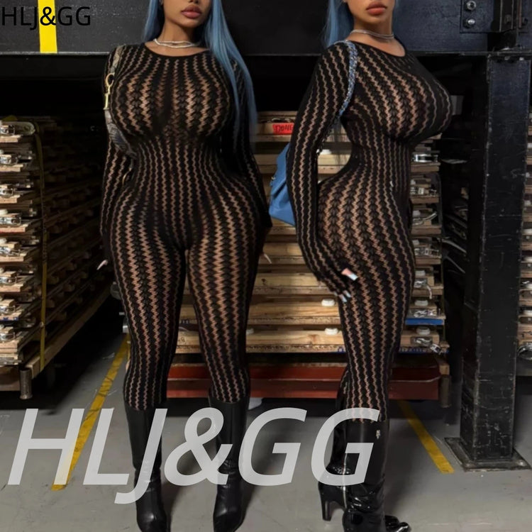 HLJ&GG Sexy Mesh Stretchy See Though Bodycon Jumpsuits Women Round Neck Long Sleeve Slim Playsuits Fashion Print Overalls 2025