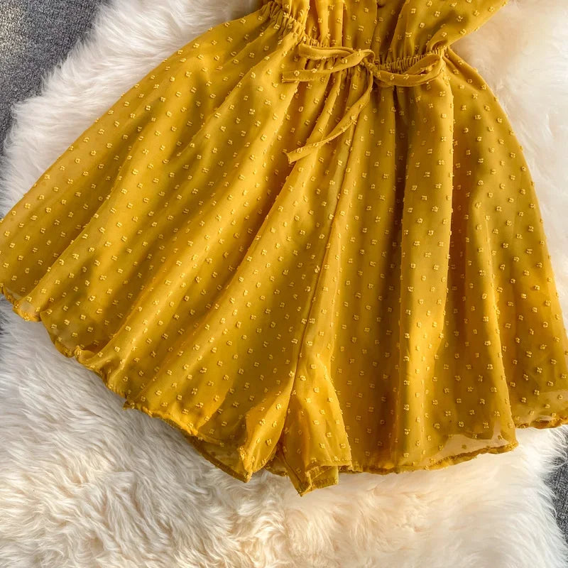 2025 Summer Women Playsuit Polka Dot See Through Thin Beach Rompers Sexy V-neck Short Sleeve Drawstring Sash Slim Waist Overalls