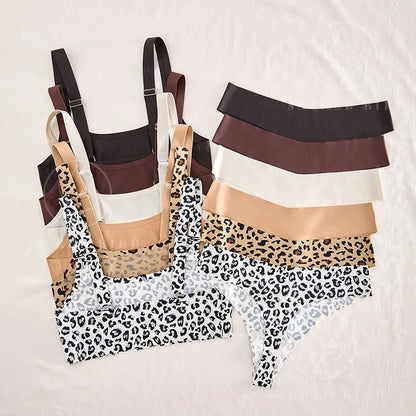 Hot Sale Leopard Print Seamless One-Piece Women's Camisole Lingerie Set T-back Bras And Panties Women Underwear Set