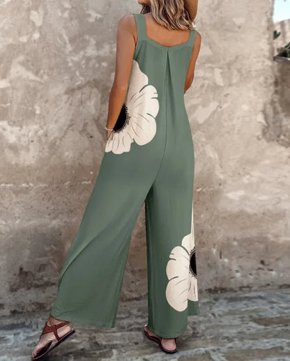 Summer Fashion Thick Strap Jumpsuits for Women Vintage Floral Printed Off Shoulder Wide Leg Loose Straight Jumpsuit with Pocket