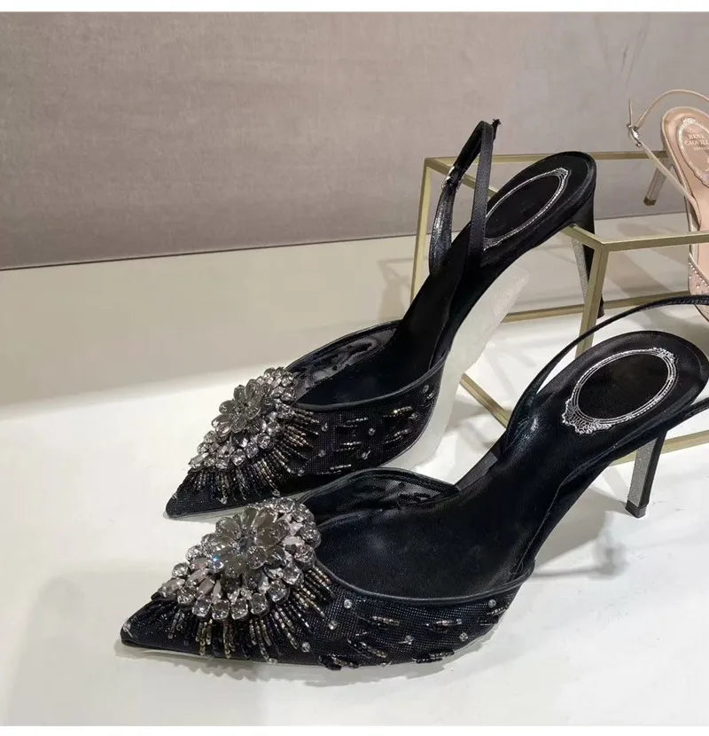 Luxury Diamond Pearls Lace Mesh Women Pumps Elegant Pointed toe Thin High heels Fashion Summer Slingbacks Wedding Party Shoes