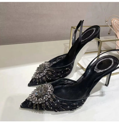 Luxury Diamond Pearls Lace Mesh Women Pumps Elegant Pointed toe Thin High heels Fashion Summer Slingbacks Wedding Party Shoes