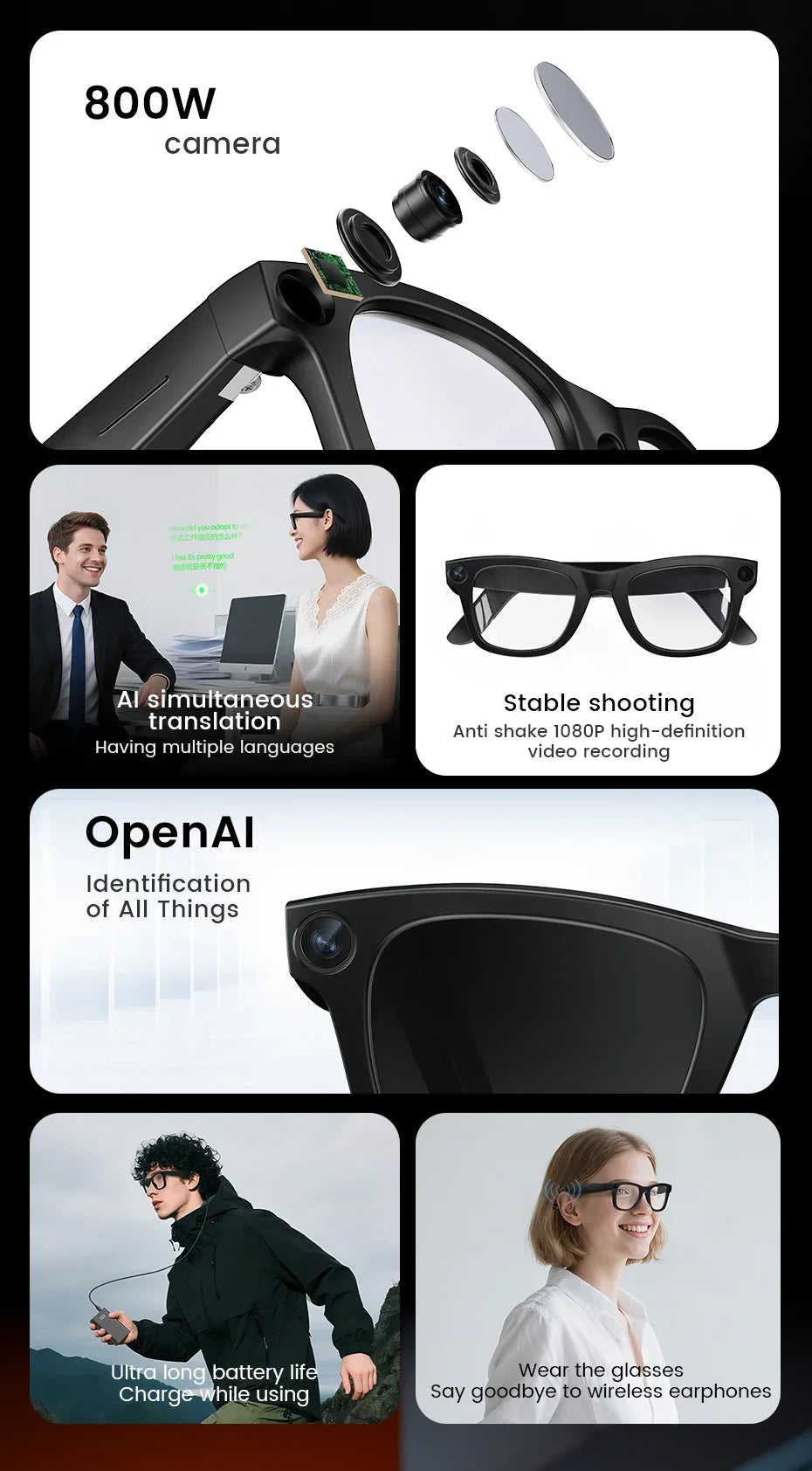 New Smart Glasses E02C Electrochromic Lenses 800W HD Camera AI Interaction Voice Assistant Simultaneous Translation Smartglasses