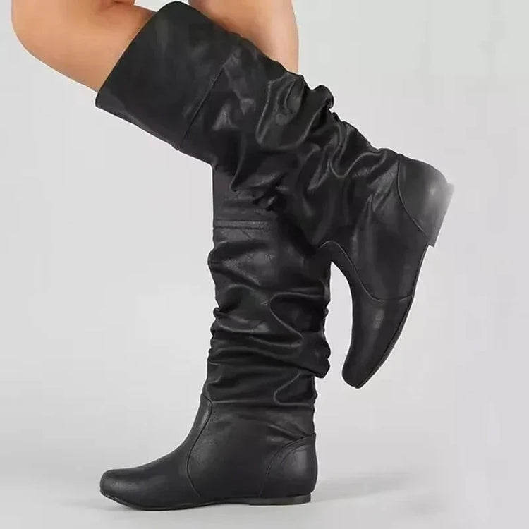 2025 New Women Flat Boots Fashion Pleated Leather Boots Autumn Winter Slip on Mid-Calf Shoes for Women Brand Designer High Boots