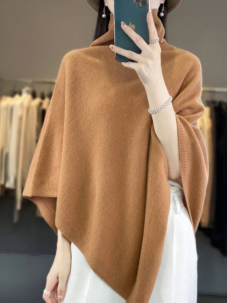 Women 100% Merino Wool Shawl Autumn Winter Turtleneck Pullover Wraps Grace Soft Warm Knitted Sweater Female Clothing Korean Tops