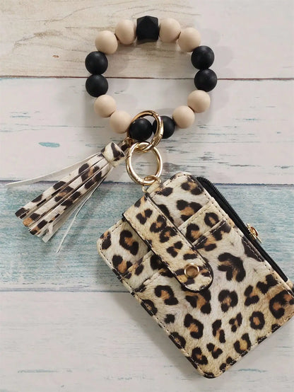 Leopard Print PU Card Holder Wallet with Silicone Beaded Wristlet Keychain, Multi Card Slots Zipper Coin Purse with Tassel Charm for Women Daily Carry