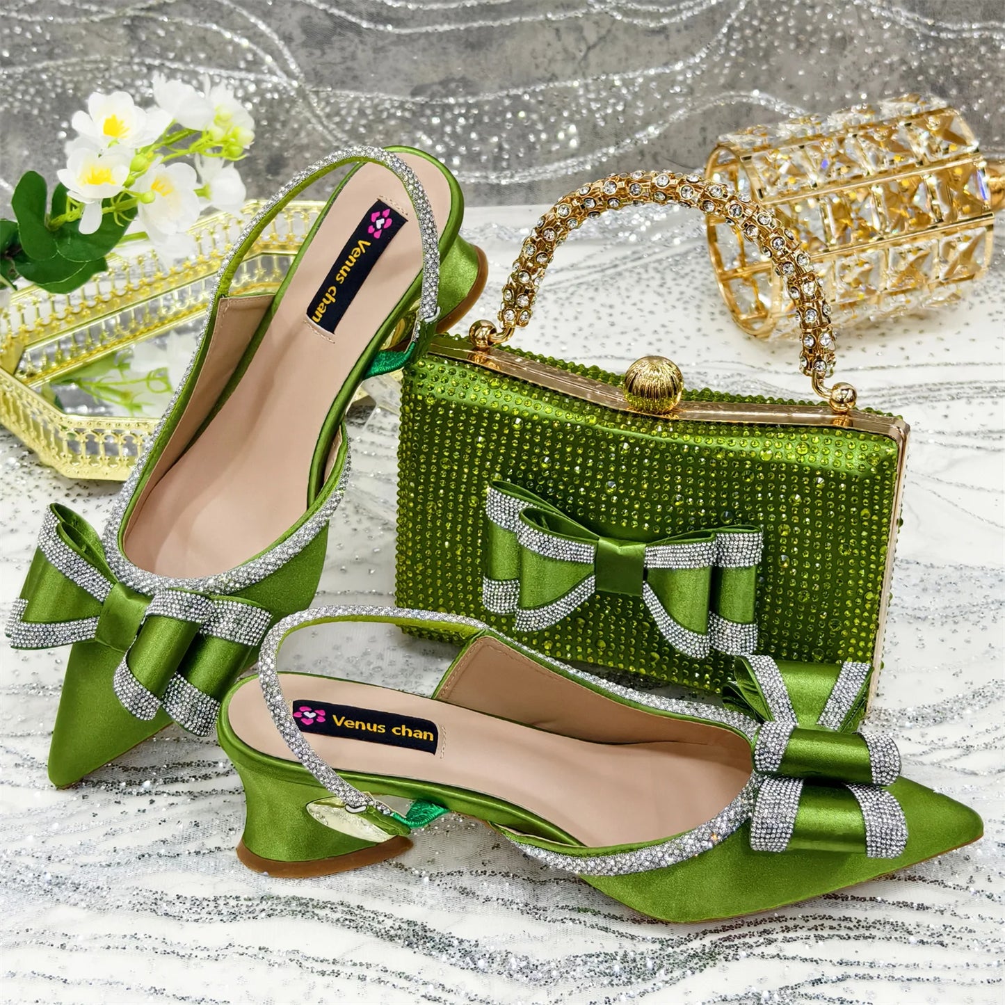 Elegant Gold Satin Rhinestone Bow Slingback Heel & Clutch Bag Set, Women Bridal Matching Kit For Wedding Party Evening Prom Form
