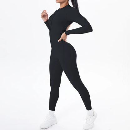Solid Color Bodysuits for Woman's Backless Long Sleeved Zipper Yoga Jumpsuits High Dtrength Workout Sports Fitness Clothing Set