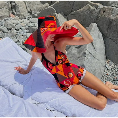 Colorful Print Backless Playsuit Women Sexy Halter Deep V-neck Sleeveless Ruffle Hem Jumpsuits Rompers Beach Holiday Bodysuits