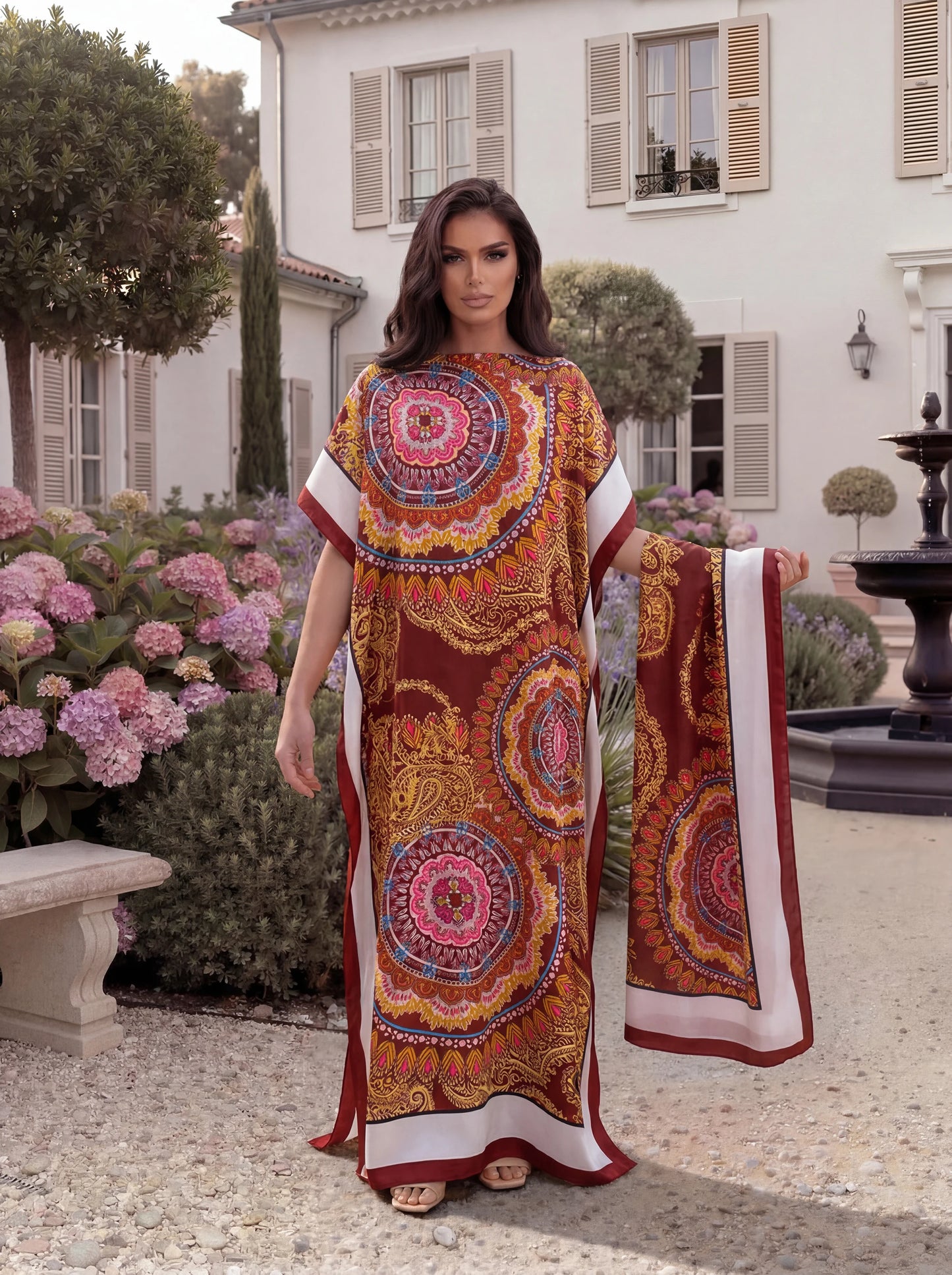 Boho Mandala Paisley Print Satin Abaya Scarf Set, Loose Batwing Maxi Kaftan For Muslim Women Summer Beach Vacation Wear