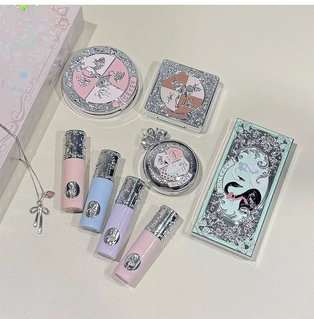 NICEKEY Makeup Kit Include 4 Matte Lipgloss,1 Face Blusher,1 Pressed Powder,1 Eyesshadow Palette,1 Contour Palette With Necklace