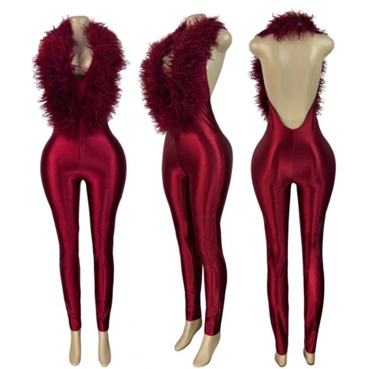 FAGADOER Women Faux Fur Halter Jumpsuit Deep V Neck Sleeveless Shiny Bodycon Long Pants Sexy Party Clubwear One Piece Outfit