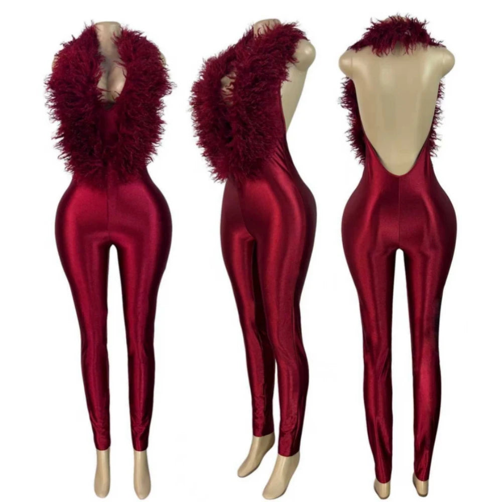 FAGADOER Women Faux Fur Halter Jumpsuit Deep V Neck Sleeveless Shiny Bodycon Long Pants Sexy Party Clubwear One Piece Outfit