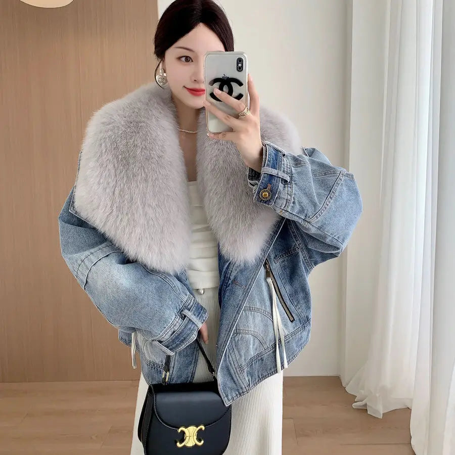 Winter Thickened Short Denim Jacket Fashion  Parkas Jeans Jacket Luxury Fur Coat Removable Fur Collar Cotton Jacket New