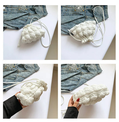 Women Drawstring Shoulder Bags Detachable Strap Quilted Crossbody Bag Solid Color Soft Padding Handbag for Outdoor Travel
