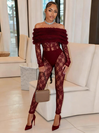 Sisterlinda Sexy Furry Patchwork Jumpsuits Women Coquette See Through Jacquard Slash Neck Full Sleeve Skinny Chic Party Clubwear