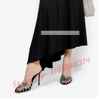 Gemstone High Heel Silk Slippers Women Luxury Caged Stiletto Heels Metallic Slippers Ladies Stylish Cross Strap Summer Shoes