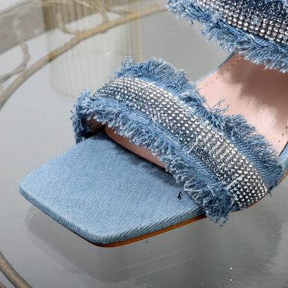 Denim women slippers 2025 new rhinestone plush stiletto heels women outdoor fashion women's slippers Luxury elegant women shoes
