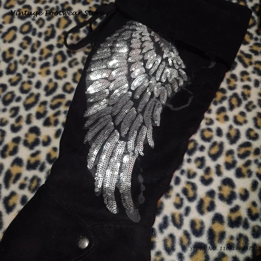 Sequins Angle Wings Knee-high Boots Fashion Round Toe Hight Wedges Platform Shoes Street Style Glittering Trending Suede Boots