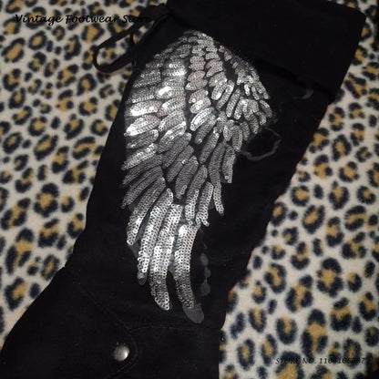 Sequins Angle Wings Knee-high Boots Fashion Round Toe Hight Wedges Platform Shoes Street Style Glittering Trending Suede Boots