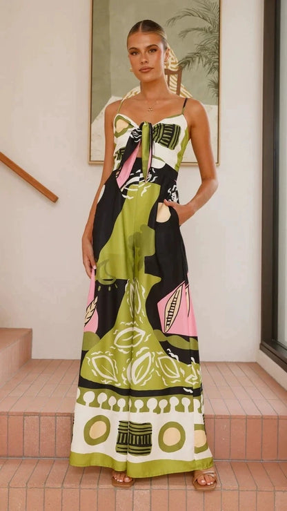 Spring Summer Print Spaghetti Strap Jumpsuits Women Fashion Sexy Hollow Out Leace-up High Waist Wide Legs Jumpsuit Bohemian New